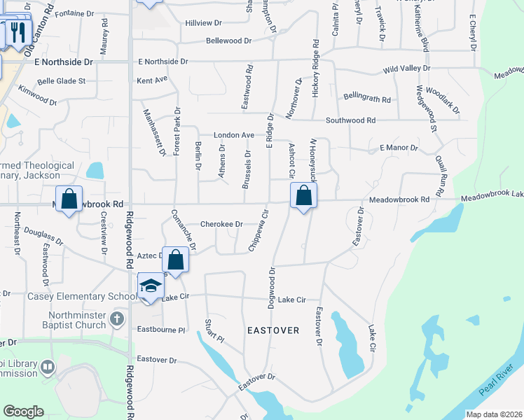 map of restaurants, bars, coffee shops, grocery stores, and more near 112 Chippewa Circle in Jackson