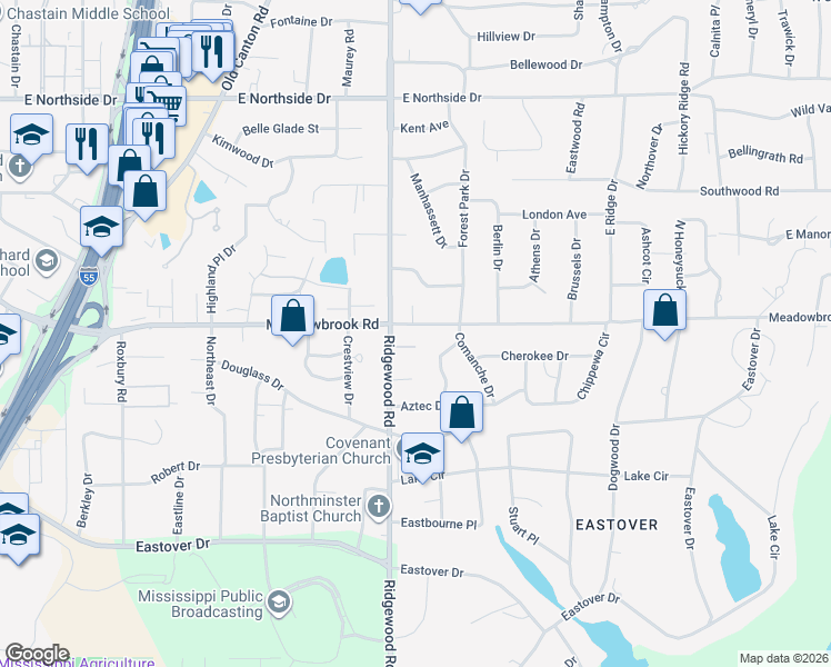 map of restaurants, bars, coffee shops, grocery stores, and more near 4152 Ridgewood Road in Jackson