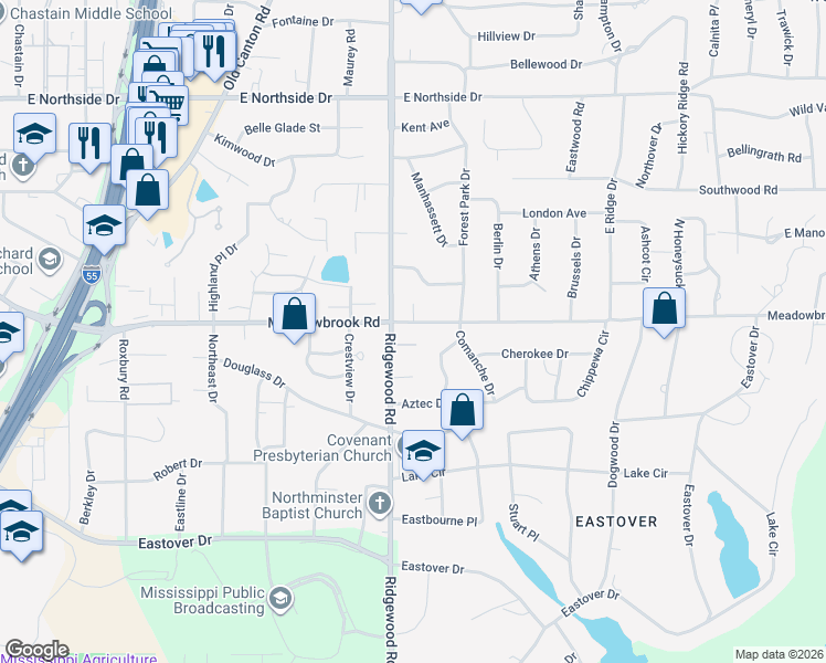 map of restaurants, bars, coffee shops, grocery stores, and more near 4152 Ridgewood Road in Jackson