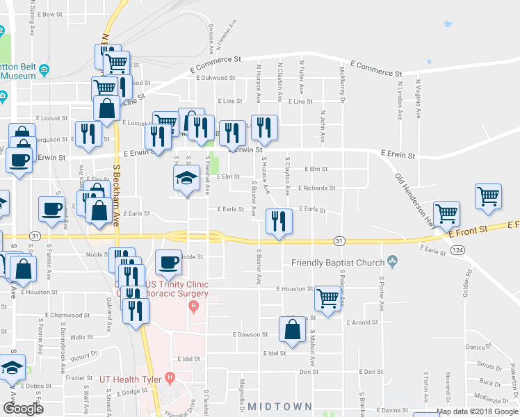 map of restaurants, bars, coffee shops, grocery stores, and more near 300 South Baxter Avenue in Tyler