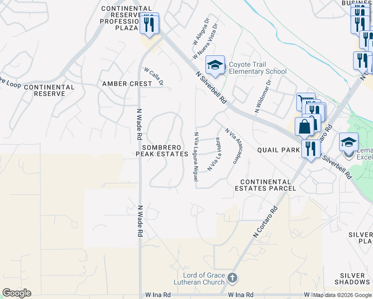 map of restaurants, bars, coffee shops, grocery stores, and more near 7753 North Vía Laguna Niguel in Tucson