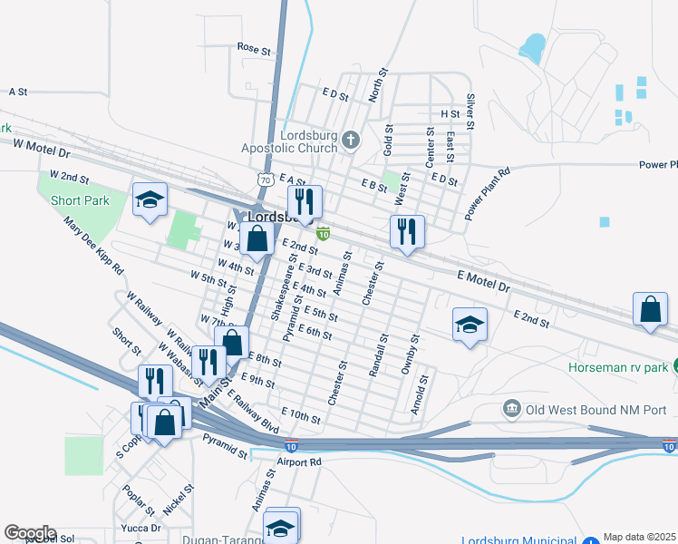 map of restaurants, bars, coffee shops, grocery stores, and more near 301-399 East 4th Street in Lordsburg