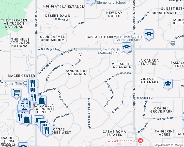 map of restaurants, bars, coffee shops, grocery stores, and more near 7722 North Avenue De Carlotta in Tucson