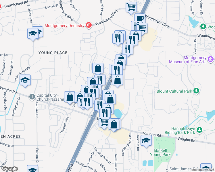 map of restaurants, bars, coffee shops, grocery stores, and more near in Montgomery