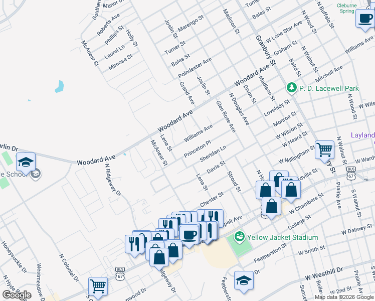 map of restaurants, bars, coffee shops, grocery stores, and more near 1037 Princeton Place in Cleburne
