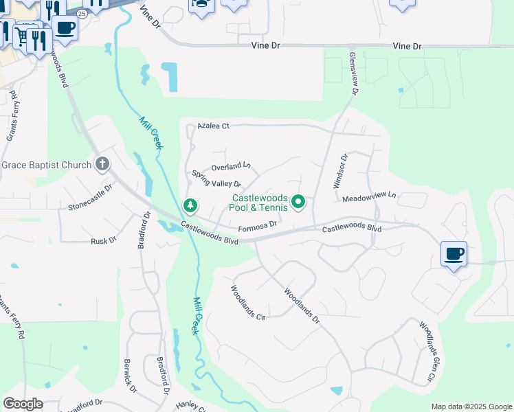 map of restaurants, bars, coffee shops, grocery stores, and more near 115 Rosebud Drive in Brandon