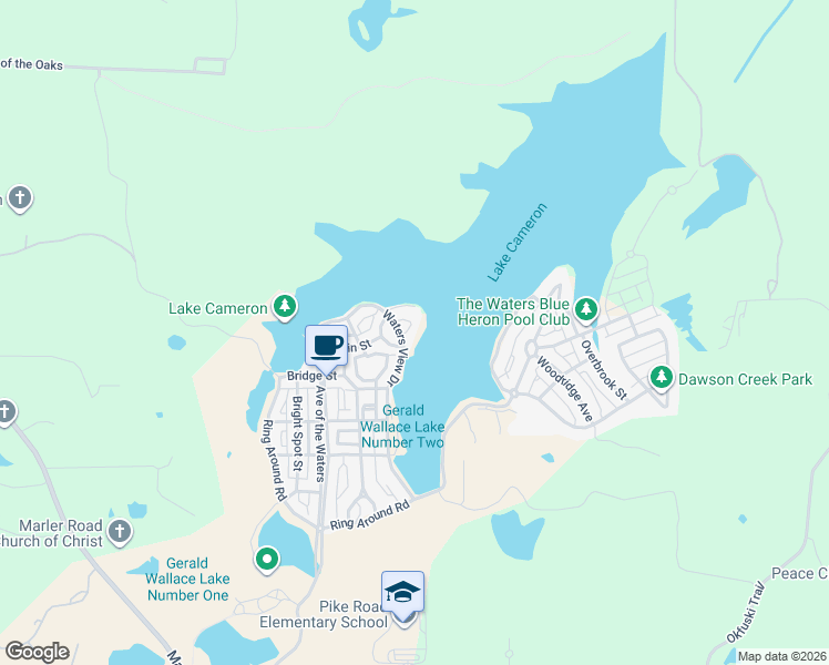 map of restaurants, bars, coffee shops, grocery stores, and more near 83 Waters View Drive in Pike Road
