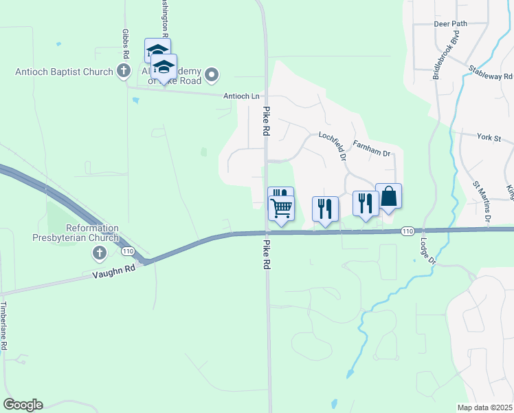 map of restaurants, bars, coffee shops, grocery stores, and more near in Pike Road