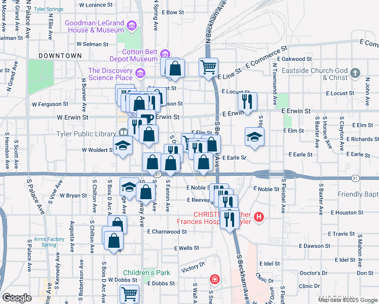 map of restaurants, bars, coffee shops, grocery stores, and more near 430 East Front Street in Tyler