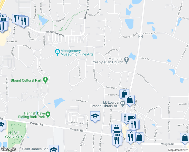 map of restaurants, bars, coffee shops, grocery stores, and more near 2233 Sagewood Drive in Montgomery