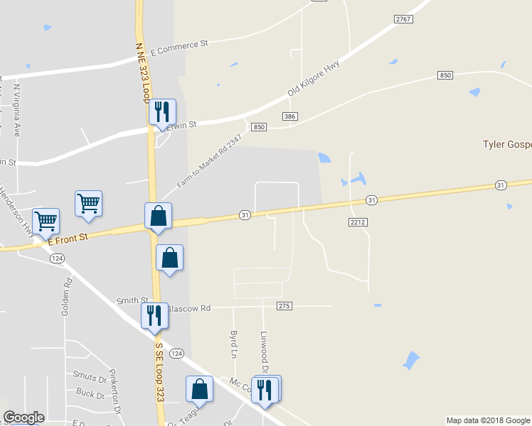 map of restaurants, bars, coffee shops, grocery stores, and more near 3055 Texas 31 in Tyler