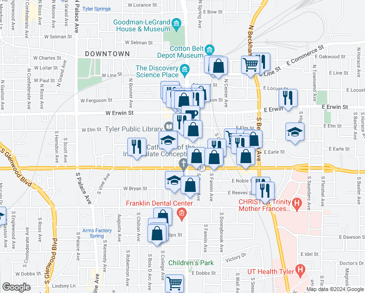 map of restaurants, bars, coffee shops, grocery stores, and more near in Tyler