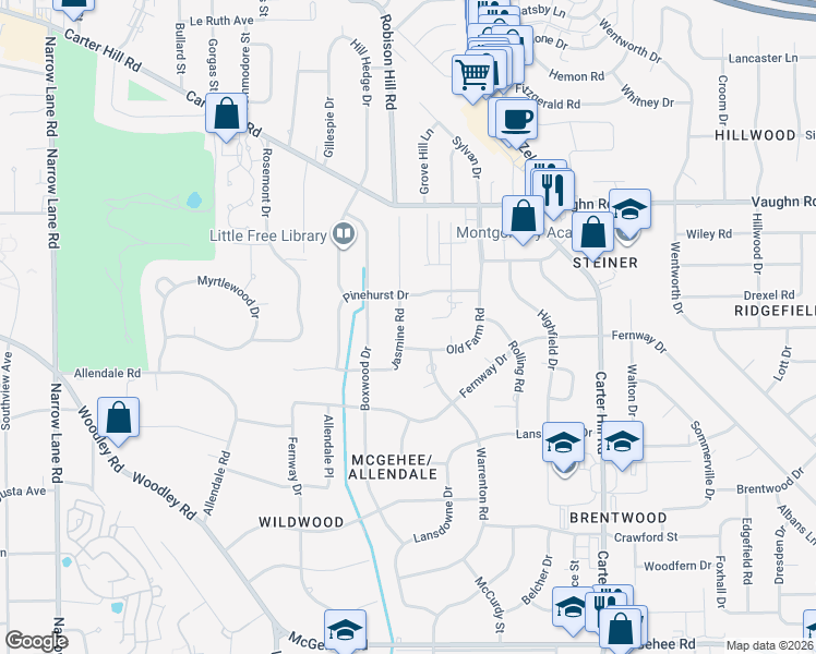 map of restaurants, bars, coffee shops, grocery stores, and more near 3019 Pinehurst Drive in Montgomery