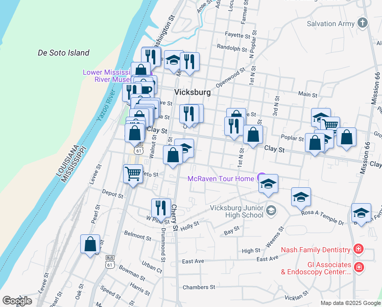 map of restaurants, bars, coffee shops, grocery stores, and more near 1018 Crawford Street in Vicksburg