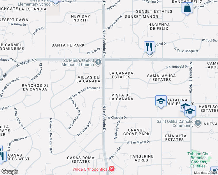 map of restaurants, bars, coffee shops, grocery stores, and more near 7856 North Calle de la Aldea in Tucson