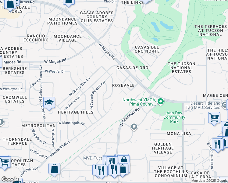 map of restaurants, bars, coffee shops, grocery stores, and more near 7842 North John Paul Jones Avenue in Tucson