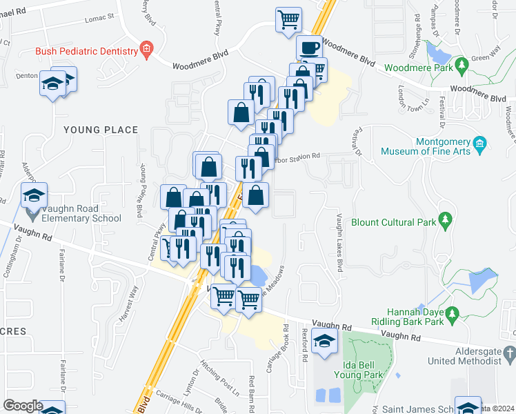 map of restaurants, bars, coffee shops, grocery stores, and more near 2465 Eastern Boulevard in Montgomery
