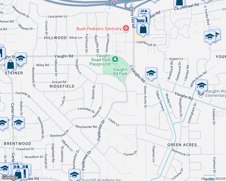 map of restaurants, bars, coffee shops, grocery stores, and more near 2141 Vaughn Lane in Montgomery