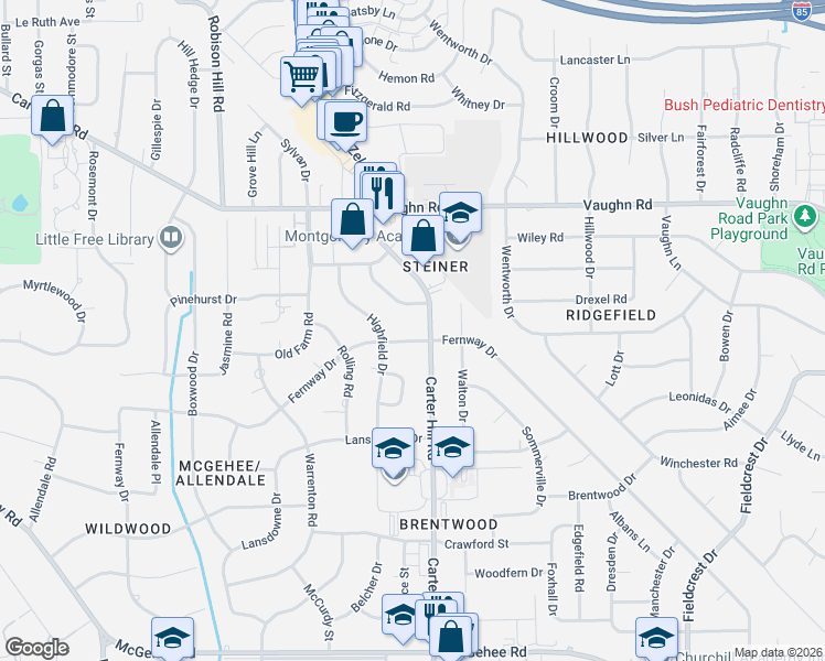 map of restaurants, bars, coffee shops, grocery stores, and more near 3158 Knights Bridge Curve in Montgomery