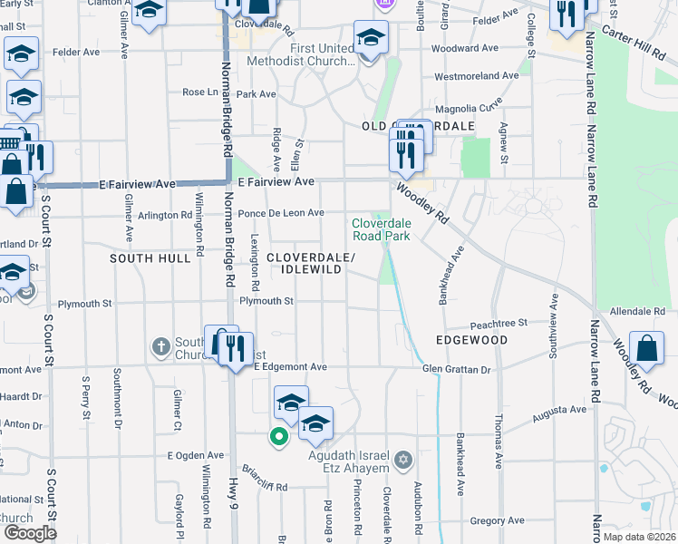 map of restaurants, bars, coffee shops, grocery stores, and more near 3175 Montezuma Road in Montgomery