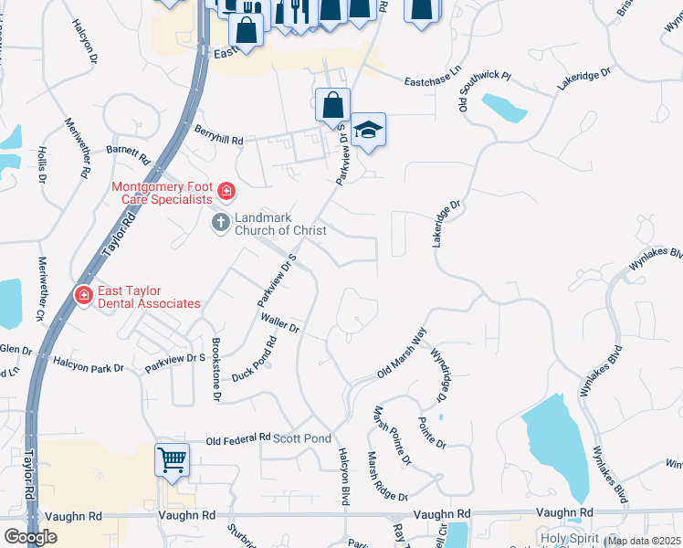 map of restaurants, bars, coffee shops, grocery stores, and more near 8154 Greyfield Drive in Montgomery