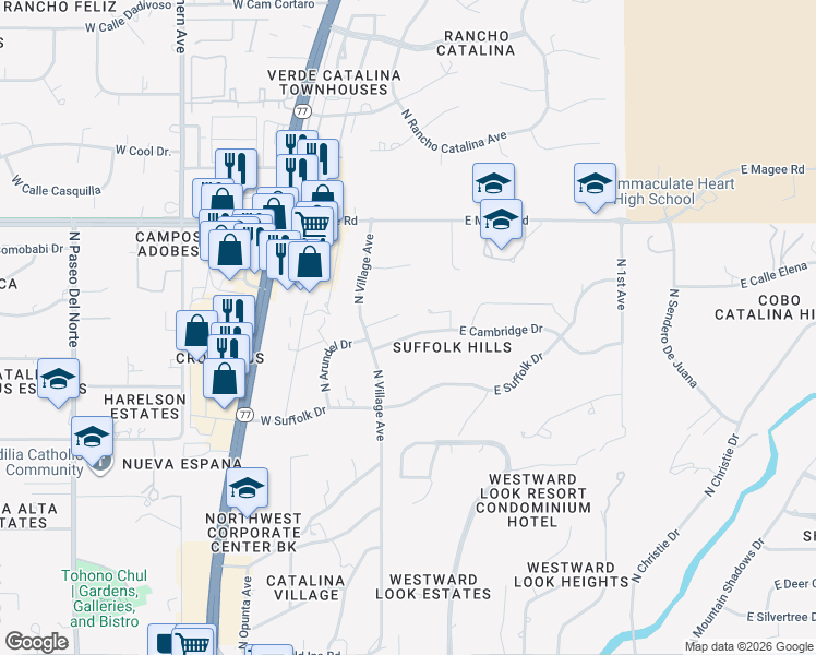 map of restaurants, bars, coffee shops, grocery stores, and more near 131 East Cambridge Drive in Tucson