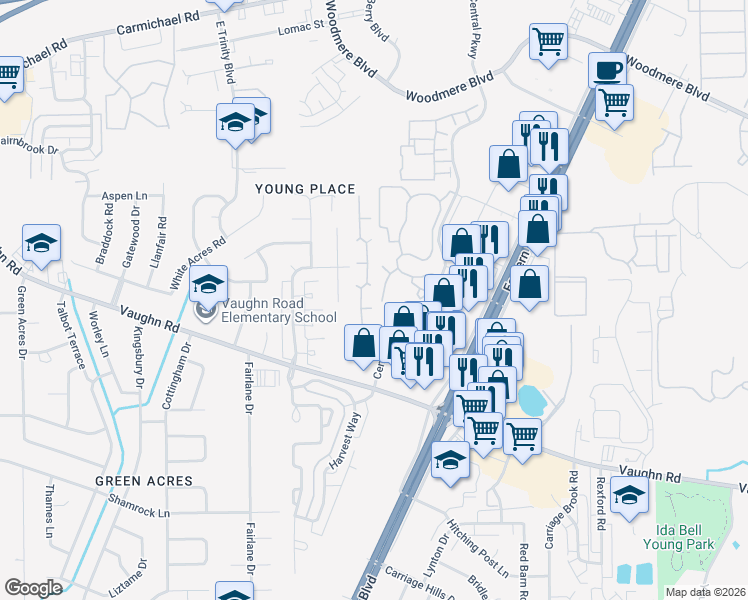 map of restaurants, bars, coffee shops, grocery stores, and more near 1808-1812 Young Pointe Boulevard in Montgomery