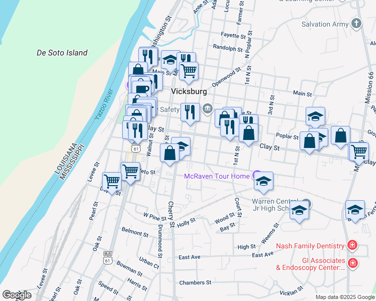 map of restaurants, bars, coffee shops, grocery stores, and more near 1018 Crawford Street in Vicksburg