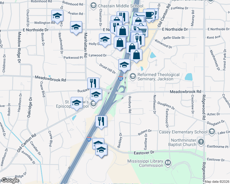 map of restaurants, bars, coffee shops, grocery stores, and more near 1330 Meadowbrook Road in Jackson