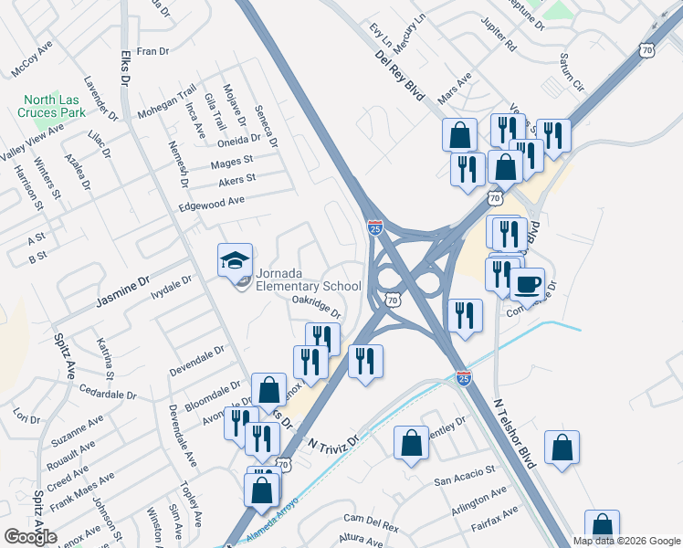 map of restaurants, bars, coffee shops, grocery stores, and more near 3367 Blueridge Lane in Las Cruces