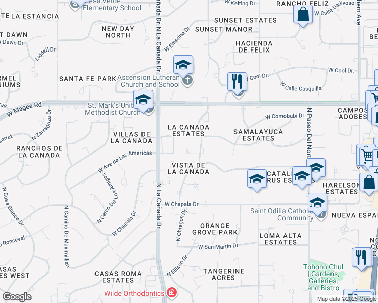 map of restaurants, bars, coffee shops, grocery stores, and more near 7821 North Leonardo Da Vinci Way in Tucson