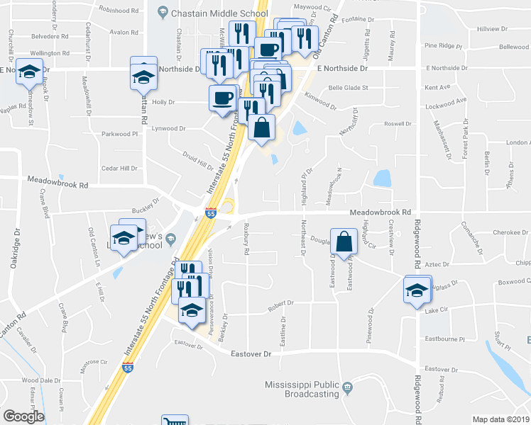 map of restaurants, bars, coffee shops, grocery stores, and more near 1431 Meadowbrook Road in Jackson