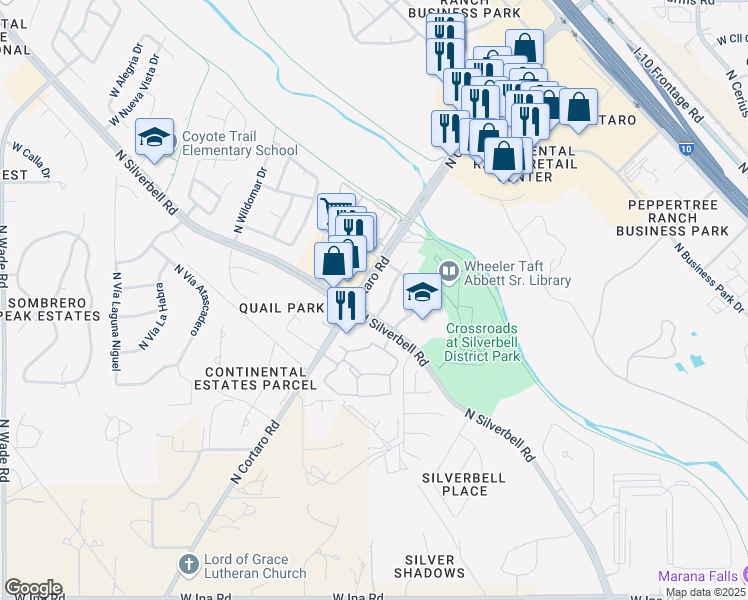 map of restaurants, bars, coffee shops, grocery stores, and more near 7800 North Cortaro Road in Tucson
