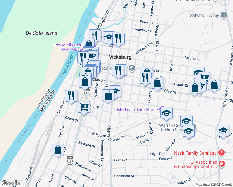 map of restaurants, bars, coffee shops, grocery stores, and more near 1002 Crawford Street in Vicksburg