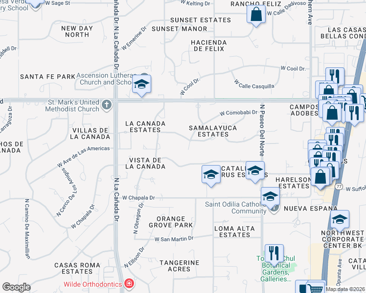 map of restaurants, bars, coffee shops, grocery stores, and more near 980 West Comobabi Drive in Tucson