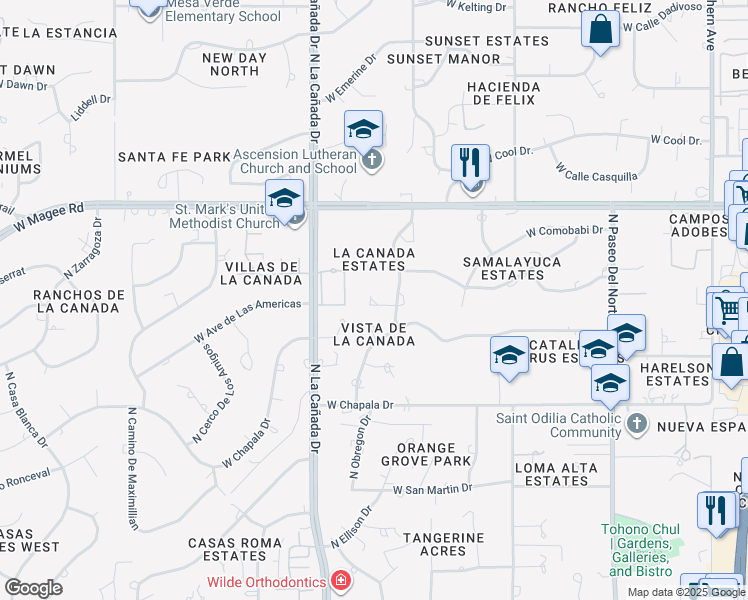map of restaurants, bars, coffee shops, grocery stores, and more near 7821 North Leonardo Da Vinci Way in Tucson