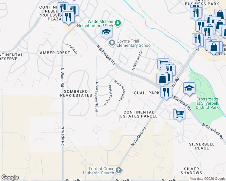 map of restaurants, bars, coffee shops, grocery stores, and more near 7853 North Vía Atascadero in Tucson
