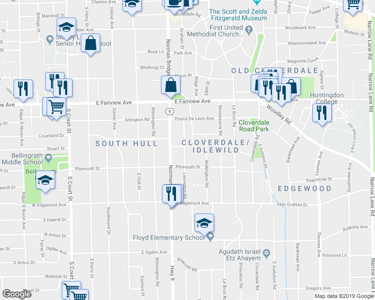 map of restaurants, bars, coffee shops, grocery stores, and more near 3200 Mastin Lane in Montgomery