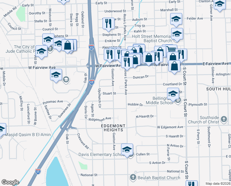 map of restaurants, bars, coffee shops, grocery stores, and more near 3108 Rosa L Parks Avenue in Montgomery