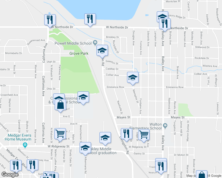 map of restaurants, bars, coffee shops, grocery stores, and more near 3515 Errata Street in Jackson