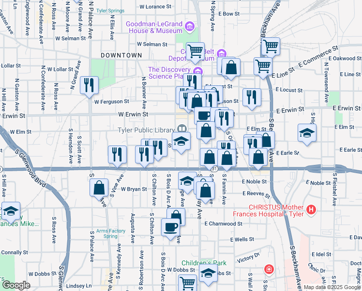 map of restaurants, bars, coffee shops, grocery stores, and more near 218 South Bois D Arc Avenue in Tyler