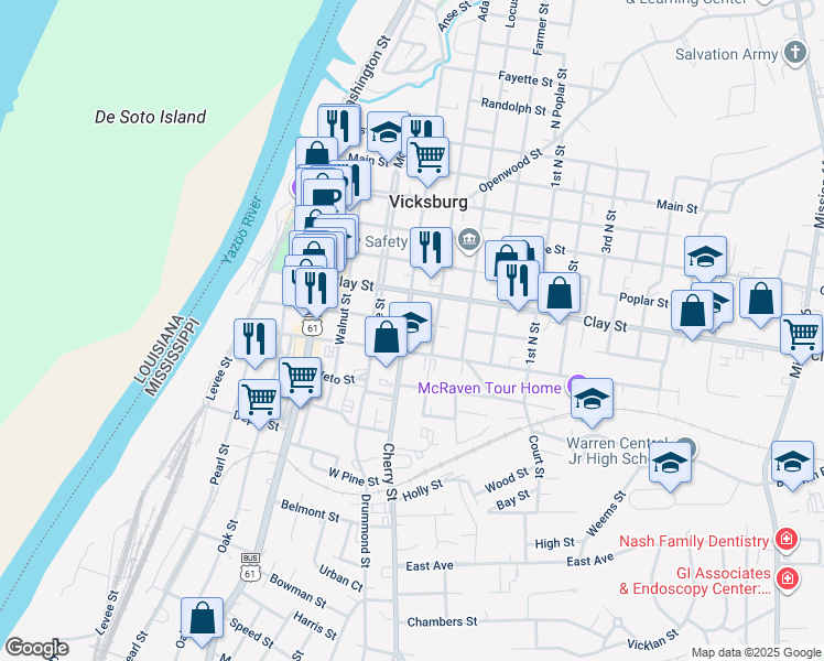 map of restaurants, bars, coffee shops, grocery stores, and more near 1002 Crawford Street in Vicksburg