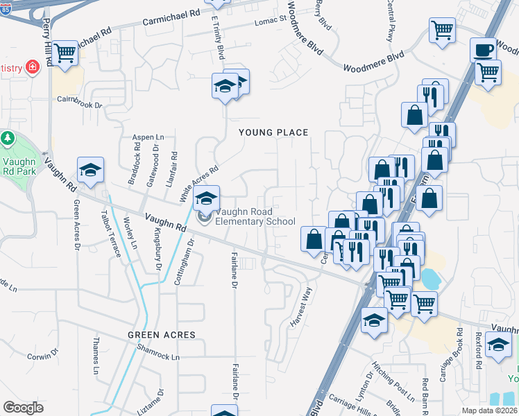 map of restaurants, bars, coffee shops, grocery stores, and more near 1806 Young Farm Road in Montgomery