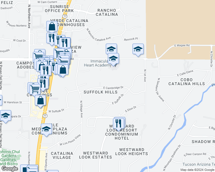 map of restaurants, bars, coffee shops, grocery stores, and more near 323 East Cambridge Drive in Oro Valley