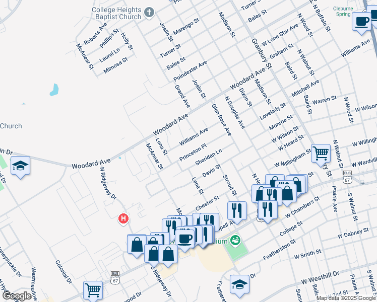 map of restaurants, bars, coffee shops, grocery stores, and more near 1113 Williams Avenue in Cleburne