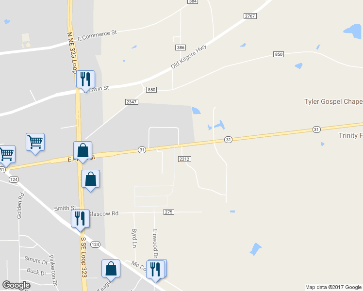 map of restaurants, bars, coffee shops, grocery stores, and more near 3101 East Front Street in Tyler