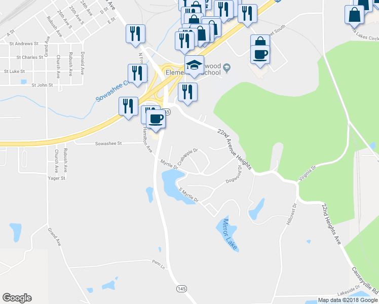 map of restaurants, bars, coffee shops, grocery stores, and more near 2231 Crabapple Drive in Meridian