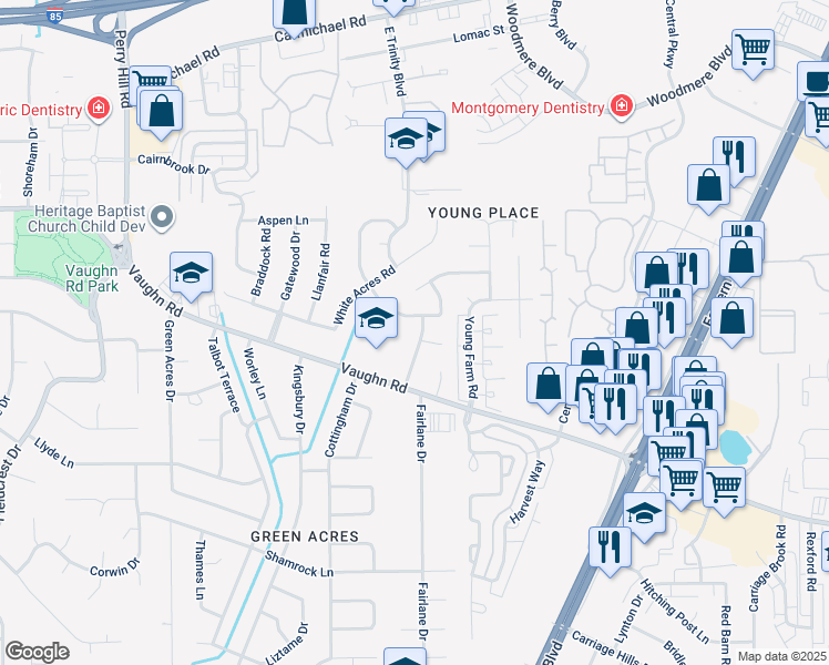map of restaurants, bars, coffee shops, grocery stores, and more near 1948 Alderpoint Drive in Montgomery