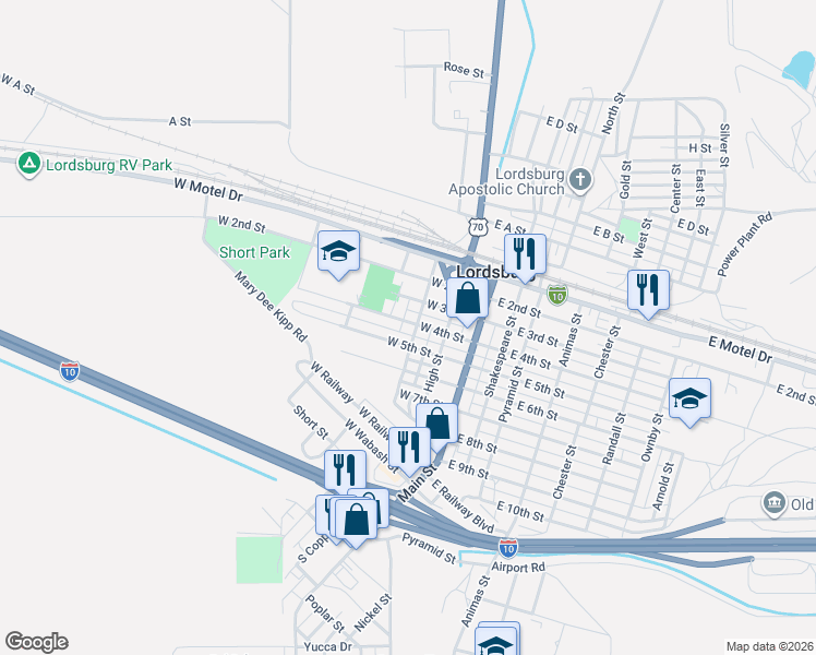map of restaurants, bars, coffee shops, grocery stores, and more near West Street in Lordsburg
