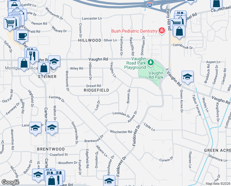map of restaurants, bars, coffee shops, grocery stores, and more near 2501 Wentworth Drive in Montgomery